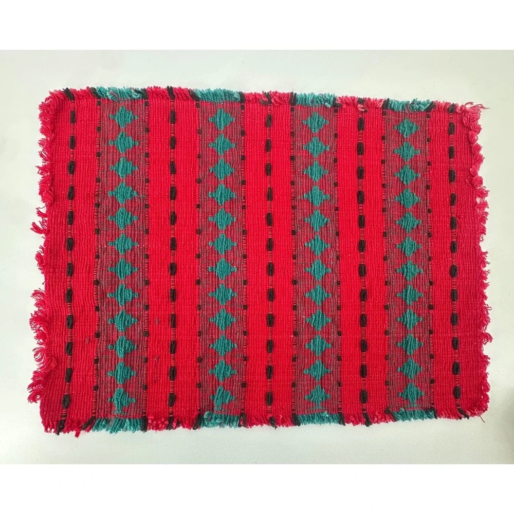 Set of 4 Handwoven Southwestern Placemats Red Green Geometric Fringed Table Mats